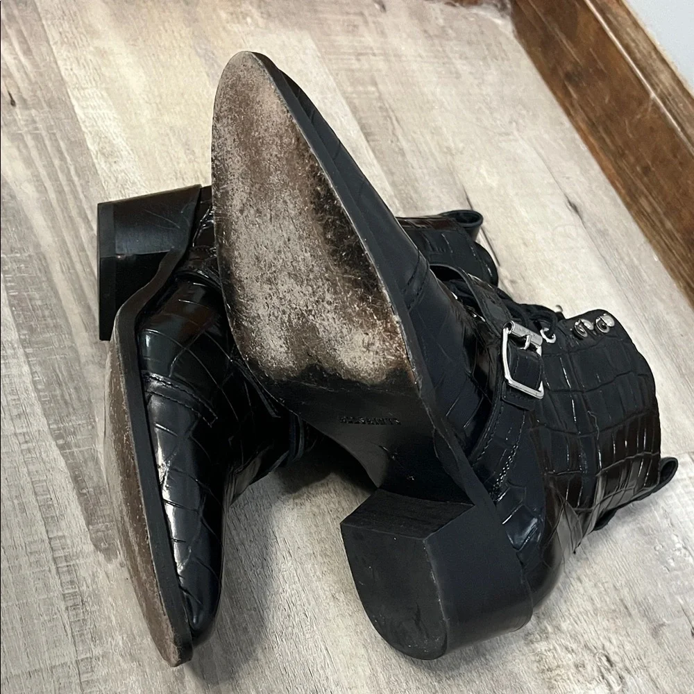 All Saints Black Croc-Embossed Patent Leather Lace-Up Ankle Boots - Picture 4 of 8